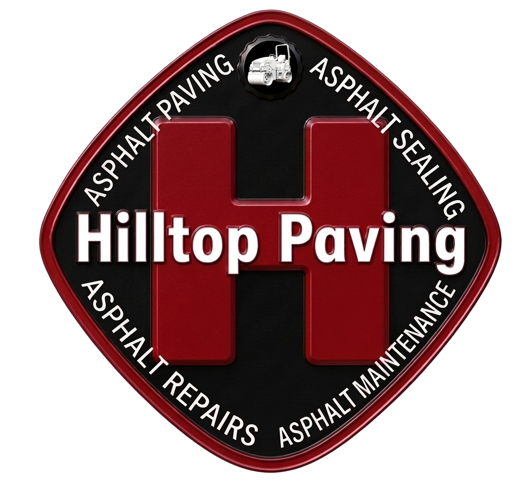 Hilltop Paving logo: red and black circular emblem with asphalt paving, sealing, repairs, and maintenance text