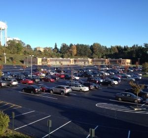Large parking lot filled with cars beside a low building under a clear blue sky