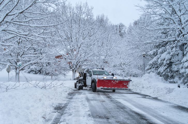 Snowplow clearing a snow-covered road lined with snow-laden trees.