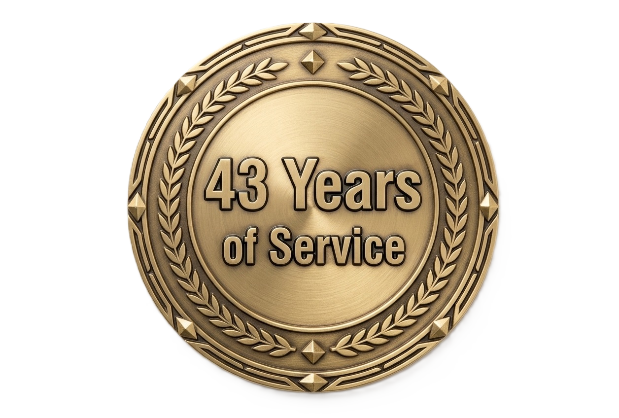 Gold circular 43 Years of Service medal with laurel wreath design
