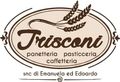 Logo della panetteria, pasticceria e caffetteria Frisconi, in corsivo marrone vintage su sfondo ovale color crema.