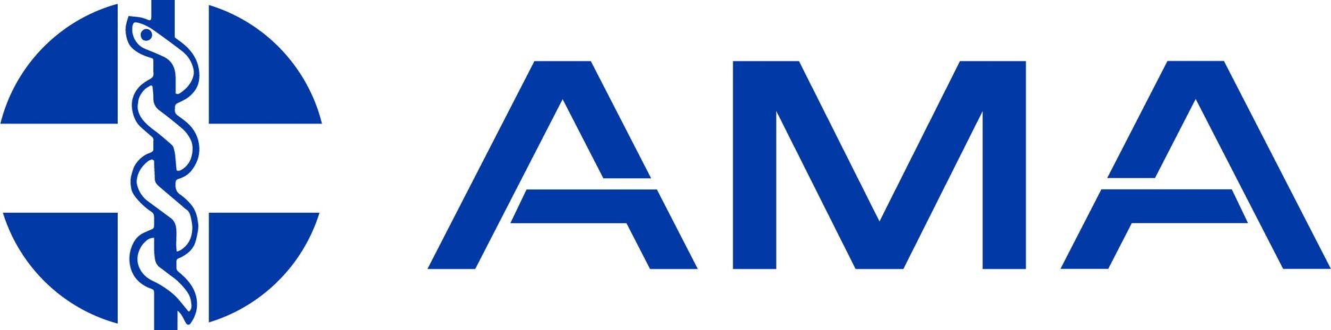 AMA logo: blue circle with caduceus, followed by blue letters 