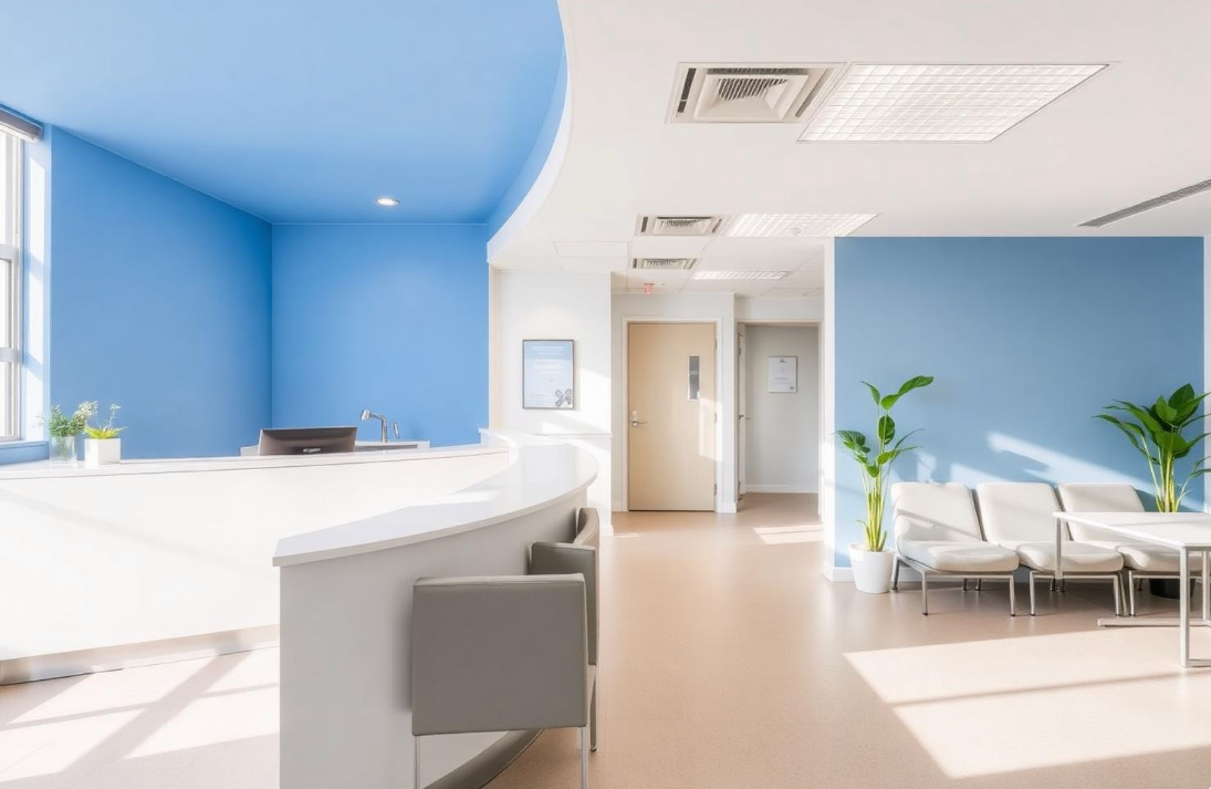 Bright, modern waiting room with blue walls, white counters, chairs, and potted plants in sunlight