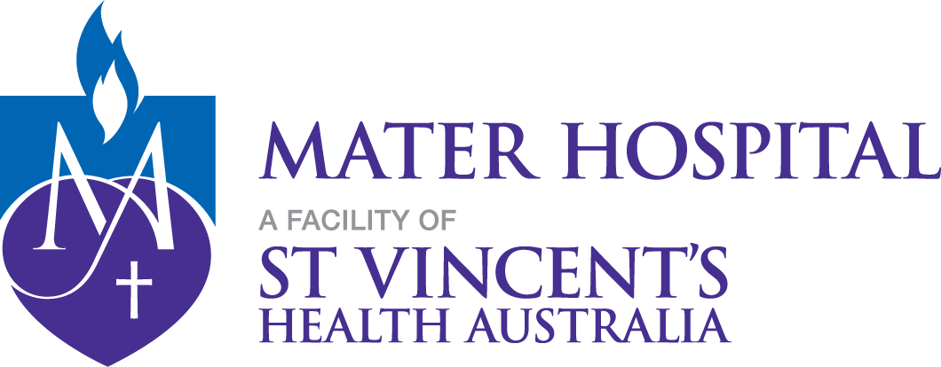 Logo of Mater Hospital, a facility of St Vincent's Health Australia, featuring a blue and purple emblem with a cross.