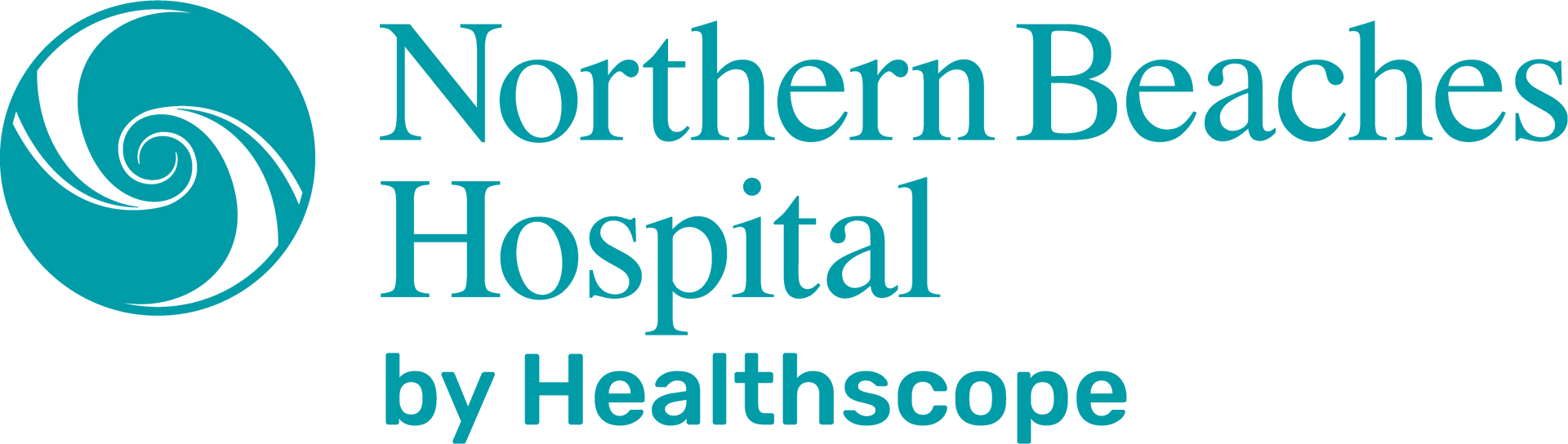 Logo for Northern Beaches Hospital by Healthscope. Teal spiral icon and text on white.