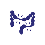 Blue illustration of a colon with radiating lines, suggesting pain or inflammation.