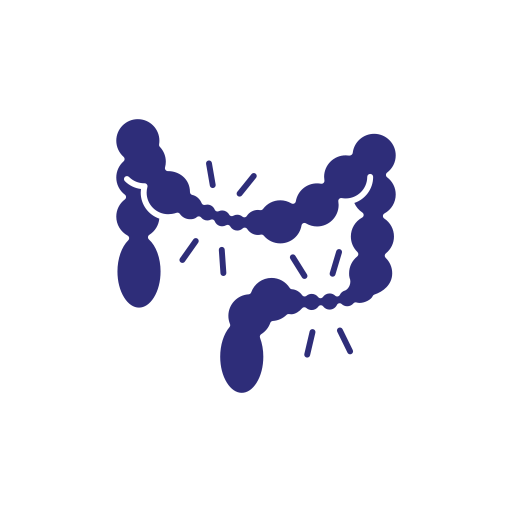 Blue illustration of a colon with radiating lines, suggesting pain or inflammation.