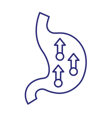 Stomach icon with three circles and upward arrows, possibly indicating acid reflux or nausea.