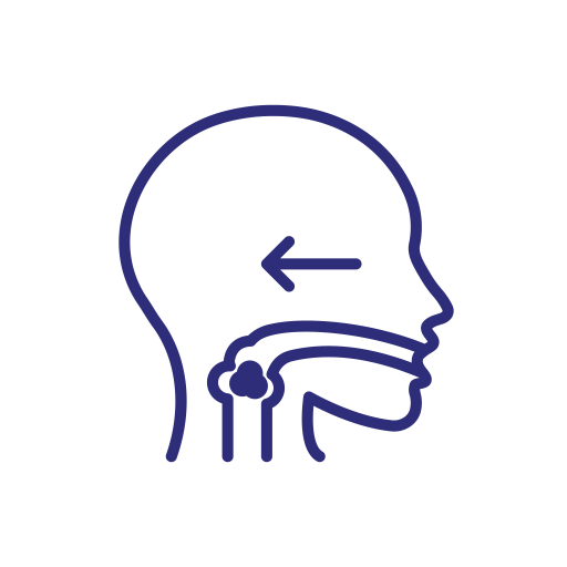 Profile of a person's head, indicating the path of airflow with an arrow towards the back.