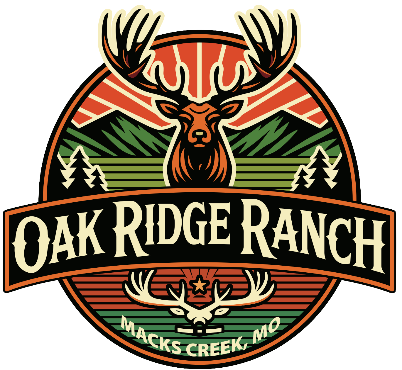 A black and white logo for oak ridge ranch with a deer and a target.
