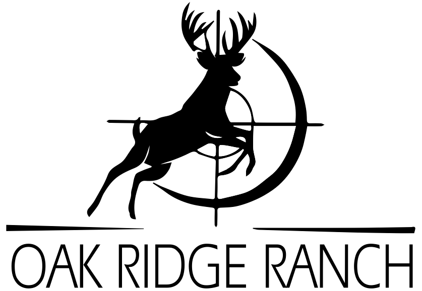 A black and white logo for oak ridge ranch with a deer and a target.