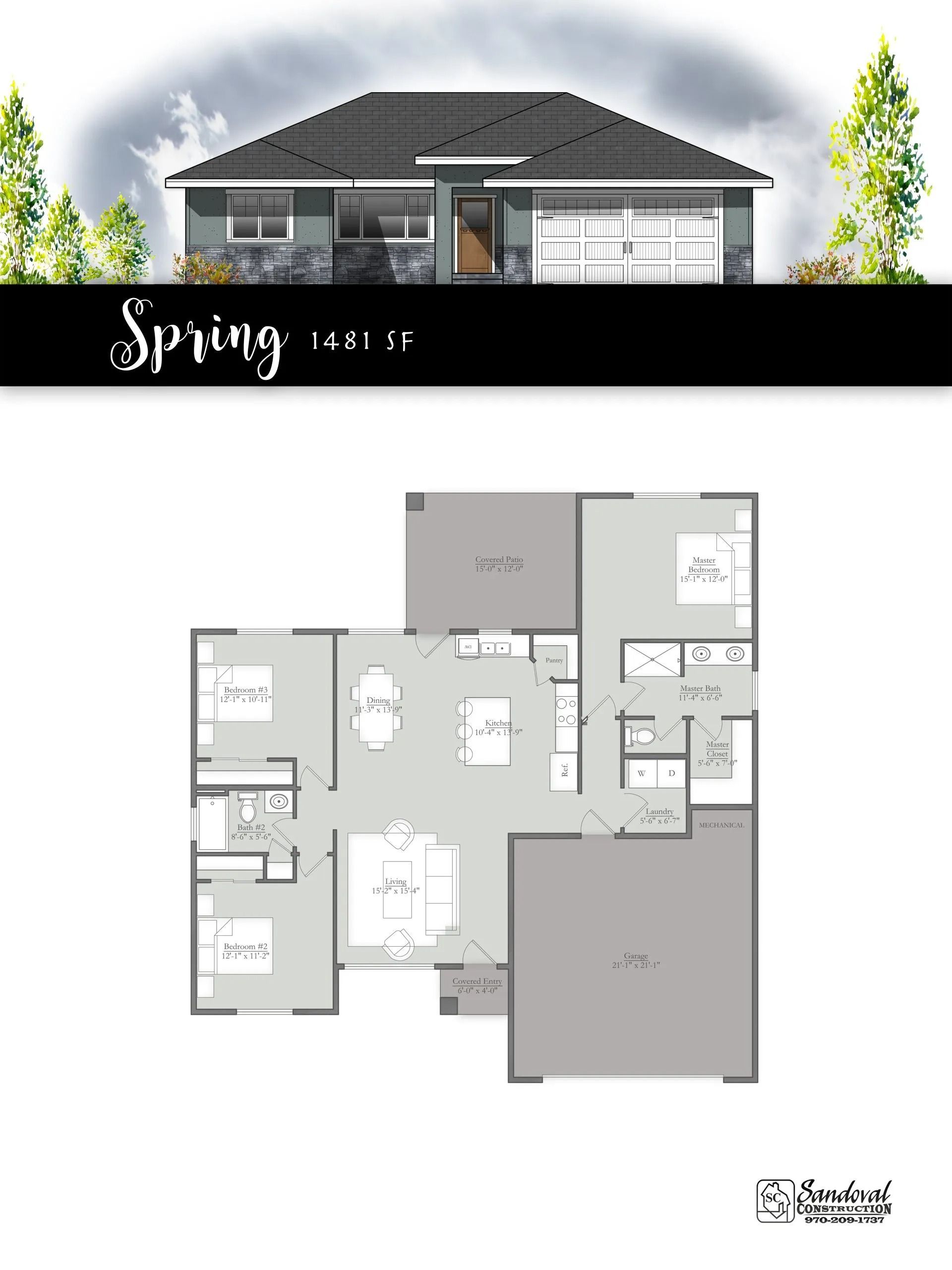 Floor plan of a single-story house with a front exterior elevation view titled 