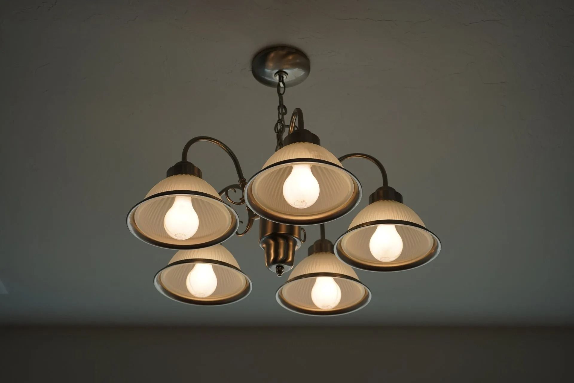 A five-light bronze chandelier with frosted glass shades hanging from a ceiling.