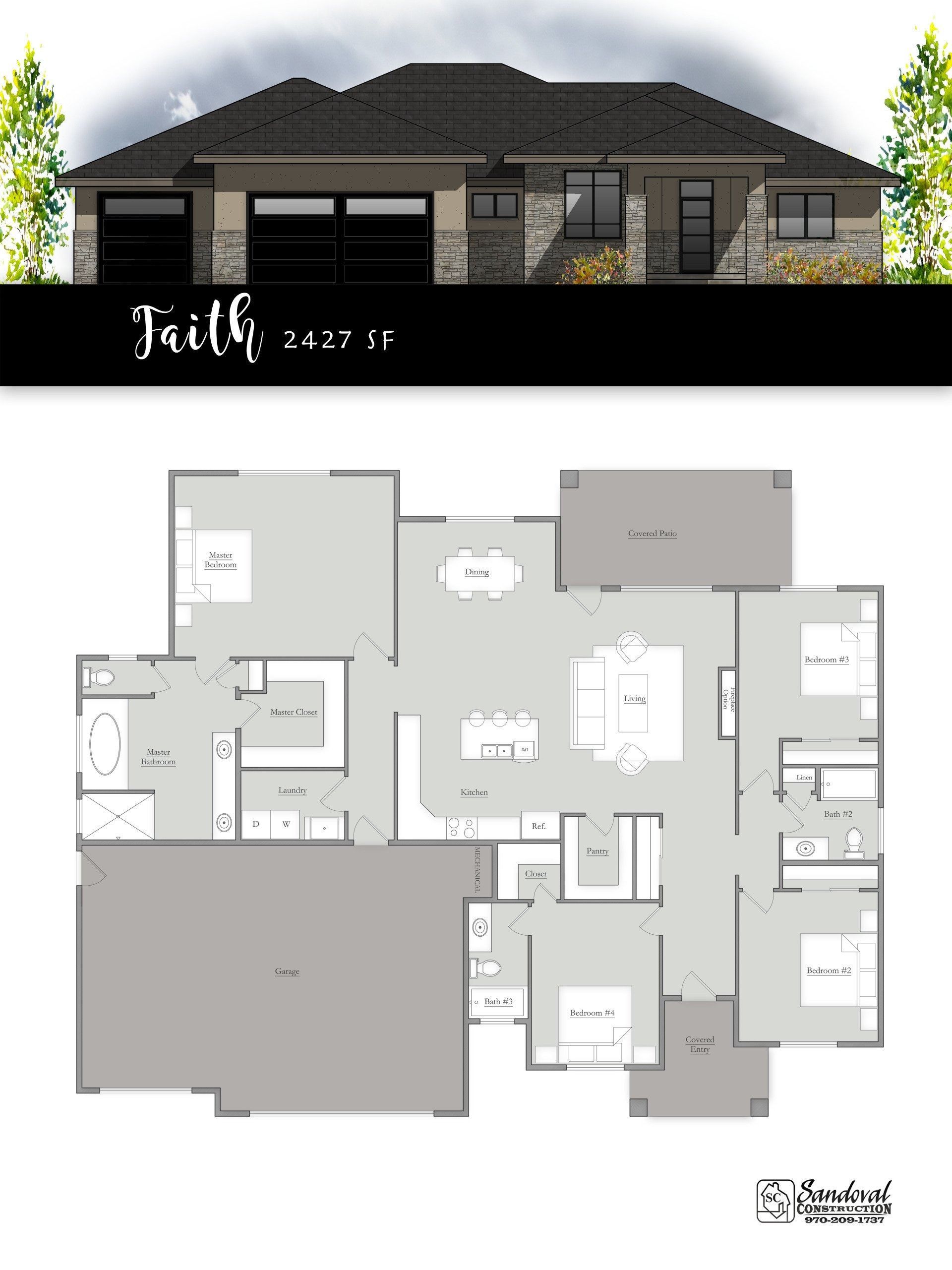A house elevation view titled 
