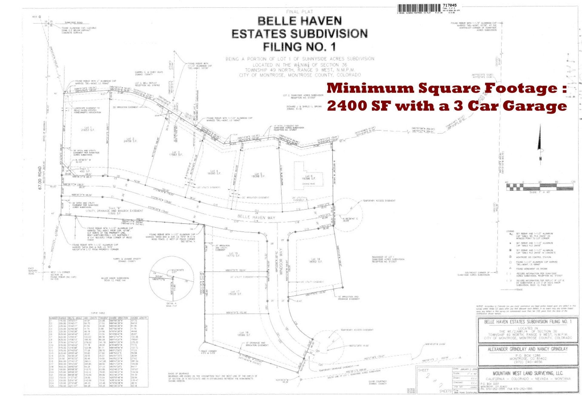 Subdivision map for Belle Haven Estates Filing No. 1, noting a 2400 square foot minimum requirement with a 3-car garage.