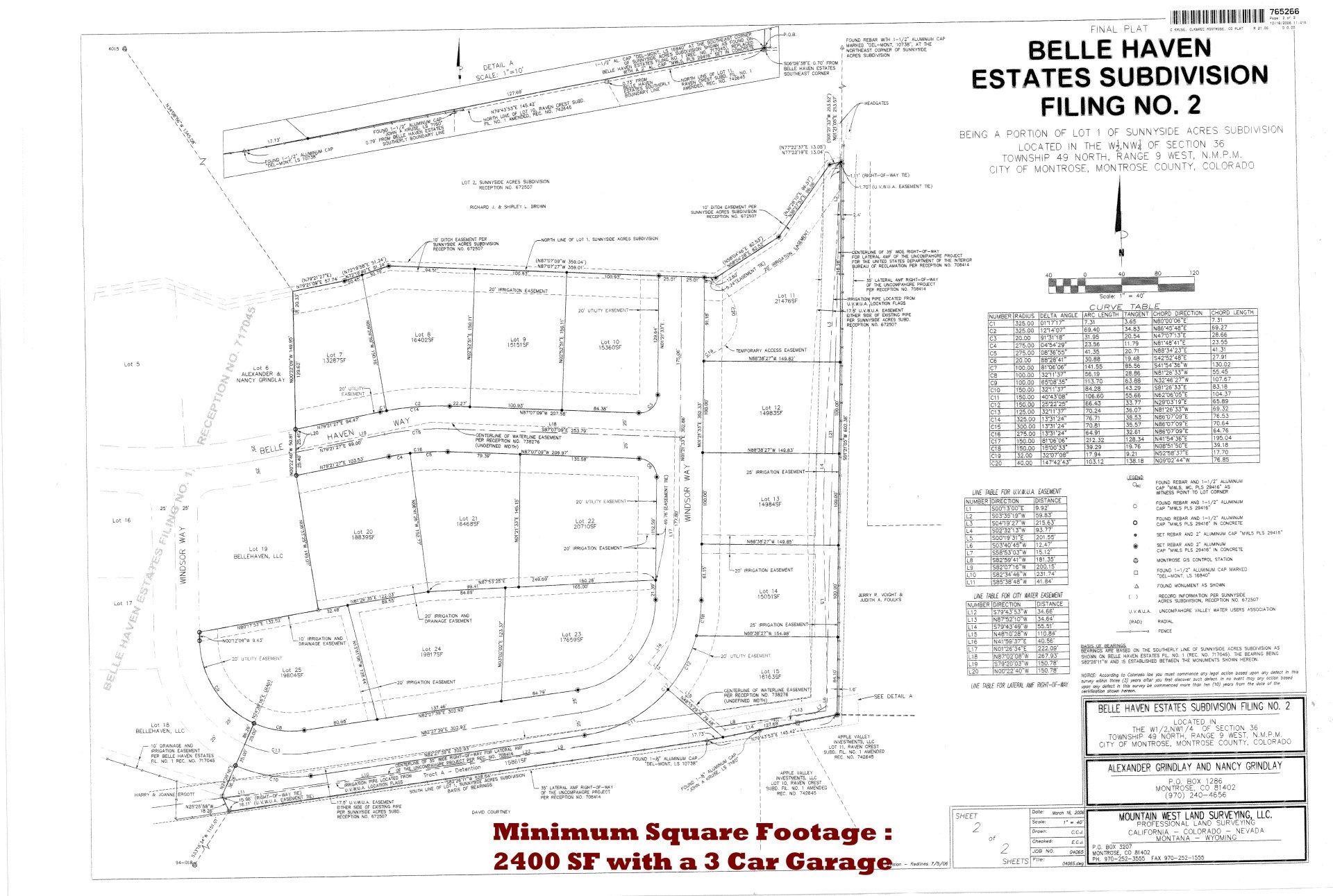A land survey and subdivision map for Belle Haven Estates Filing No. 2, noting a 2,000 square foot minimum home size.