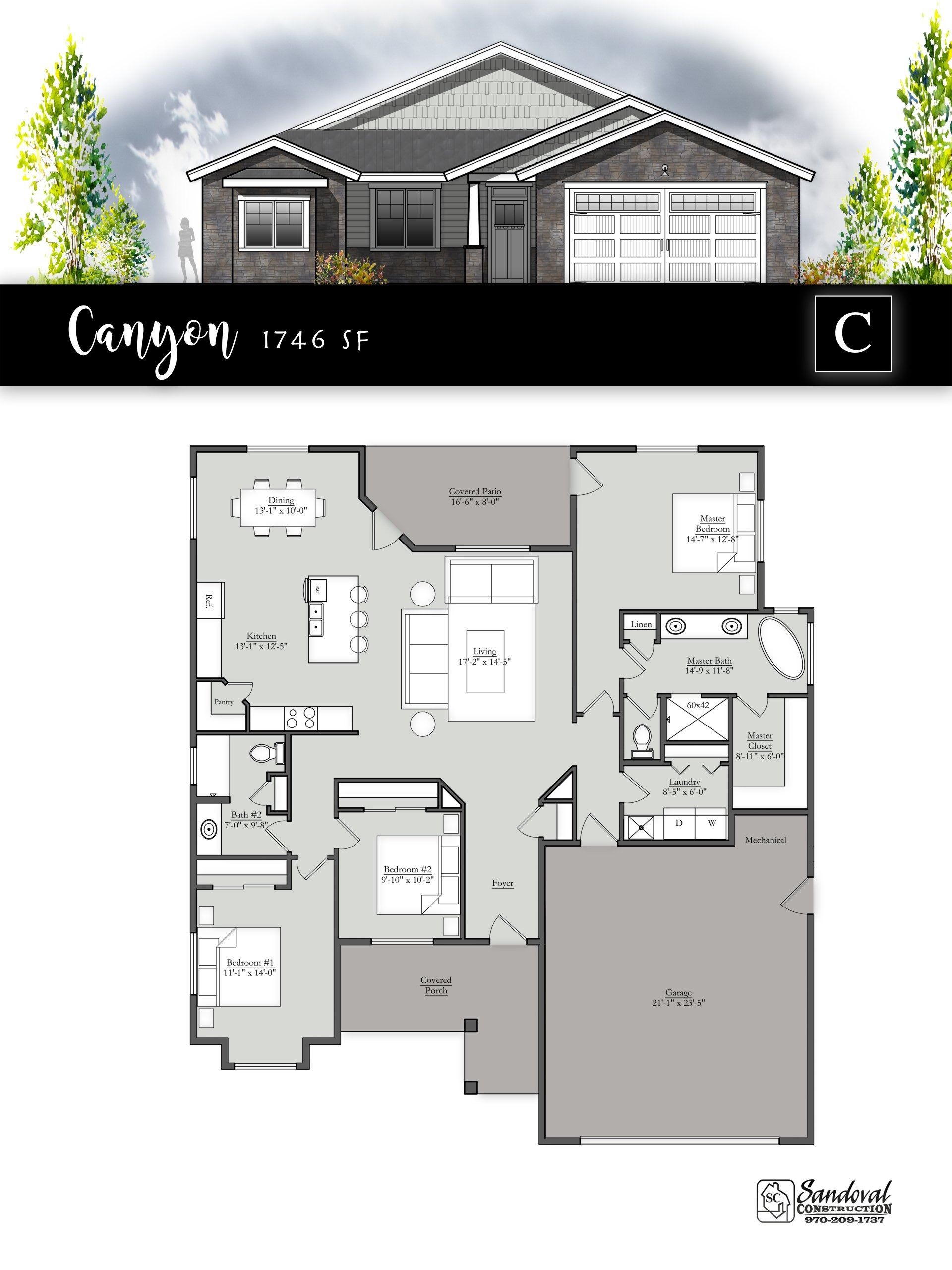 Floor plan and exterior elevation for a single-story home model titled 
