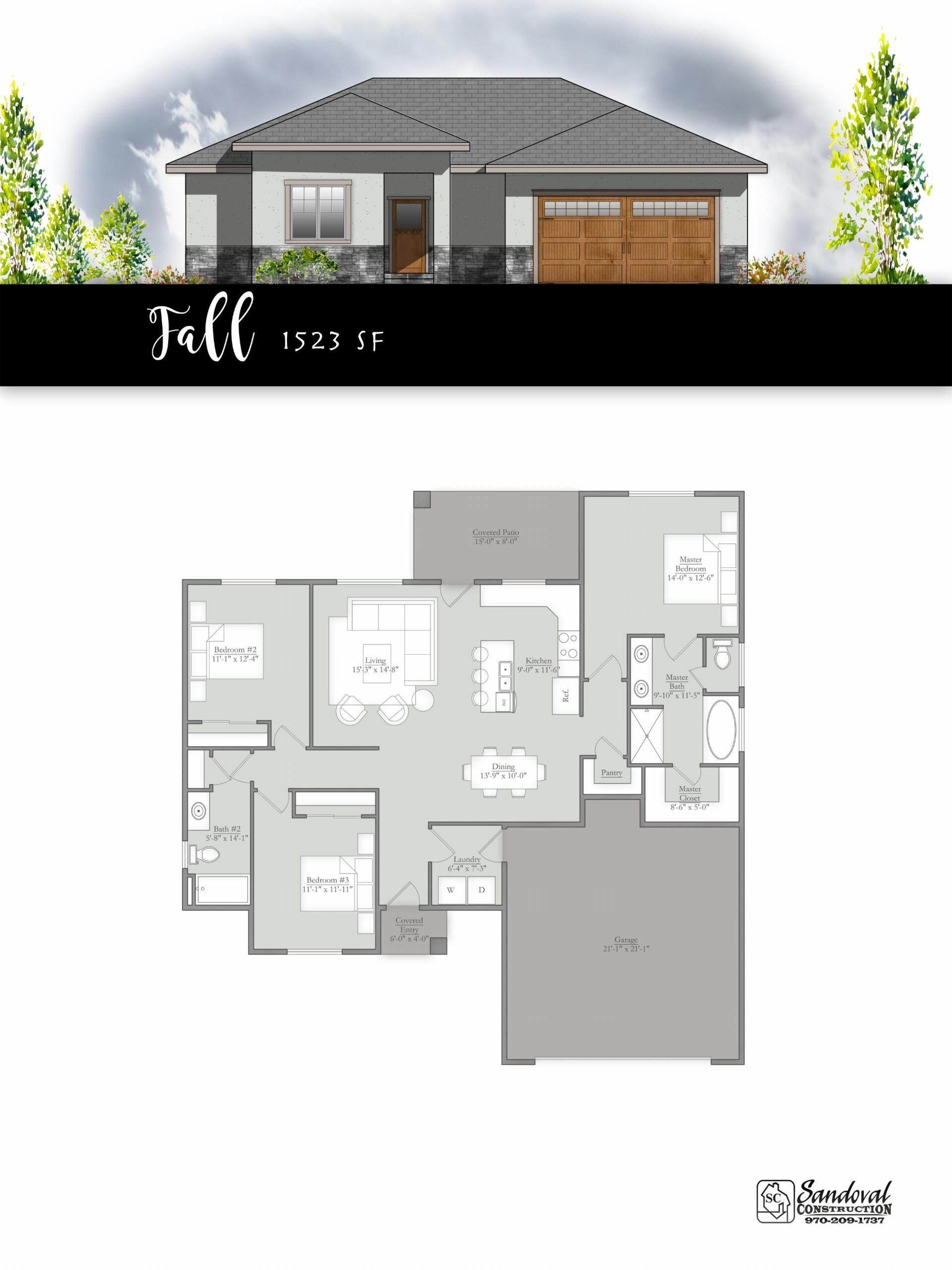 Floor plan and exterior rendering of a single-story house titled 