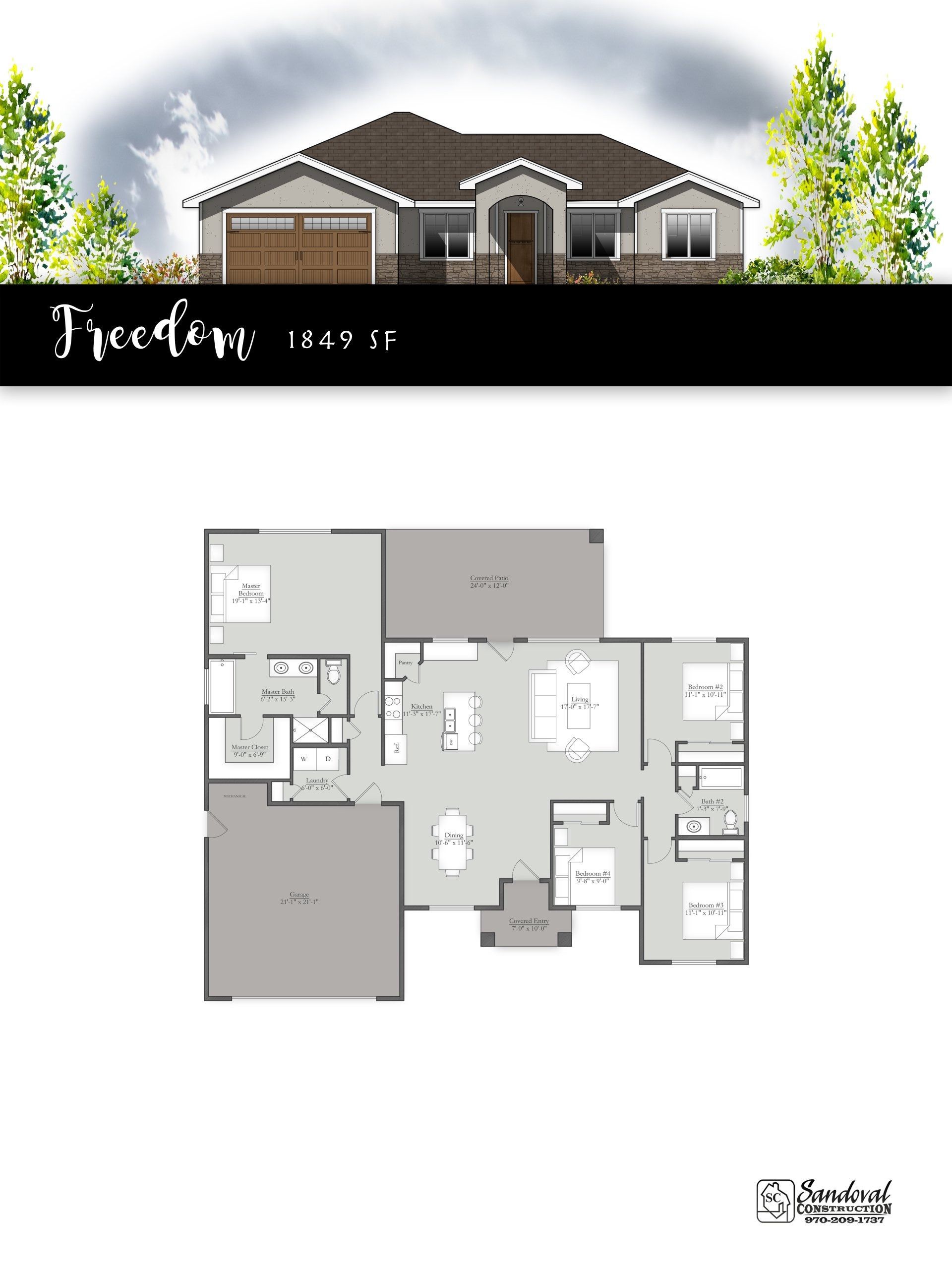 Floor plan and architectural rendering of 