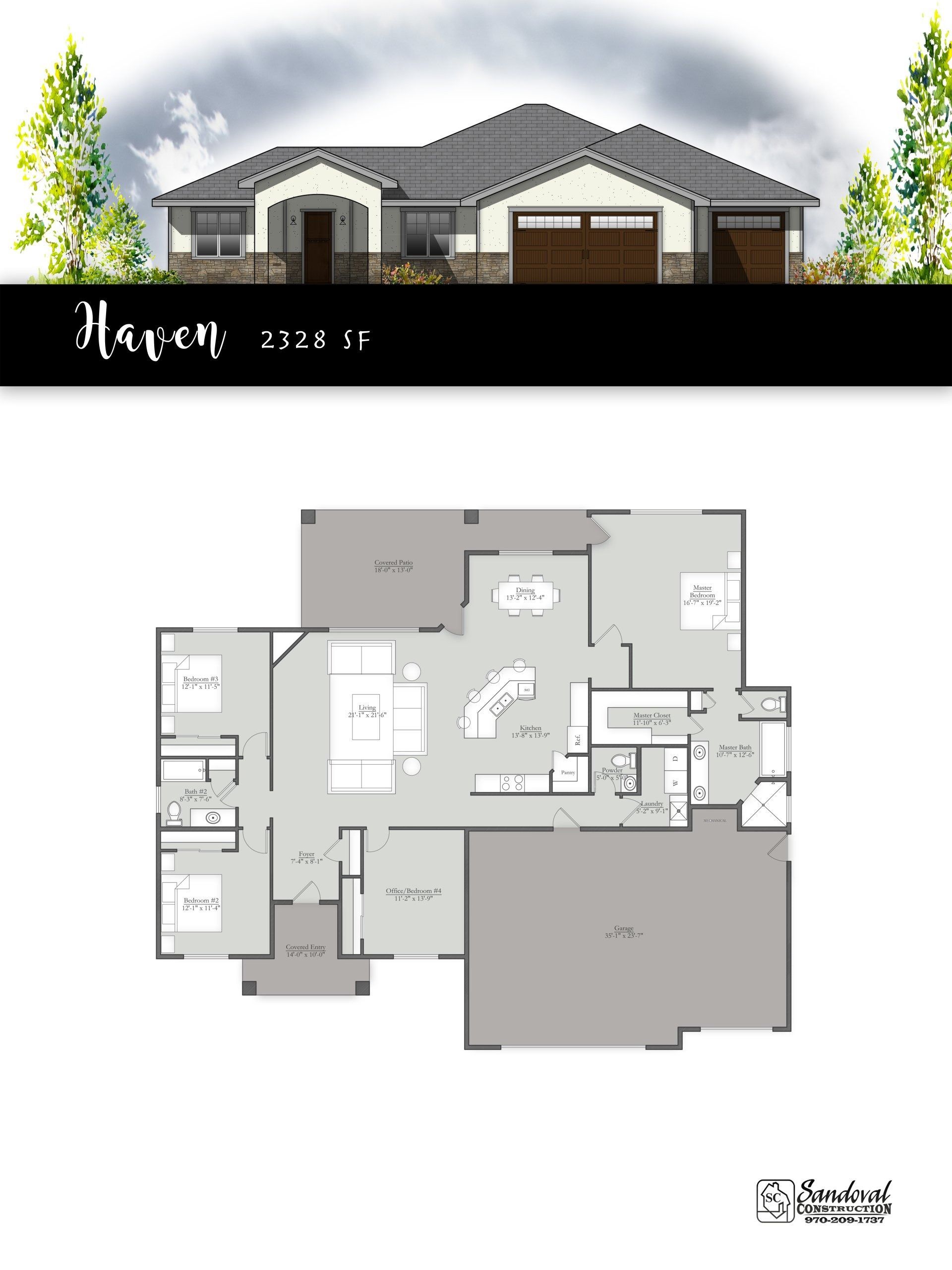Architectural rendering and floor plan for the Heron model home, showing a one-story house design.