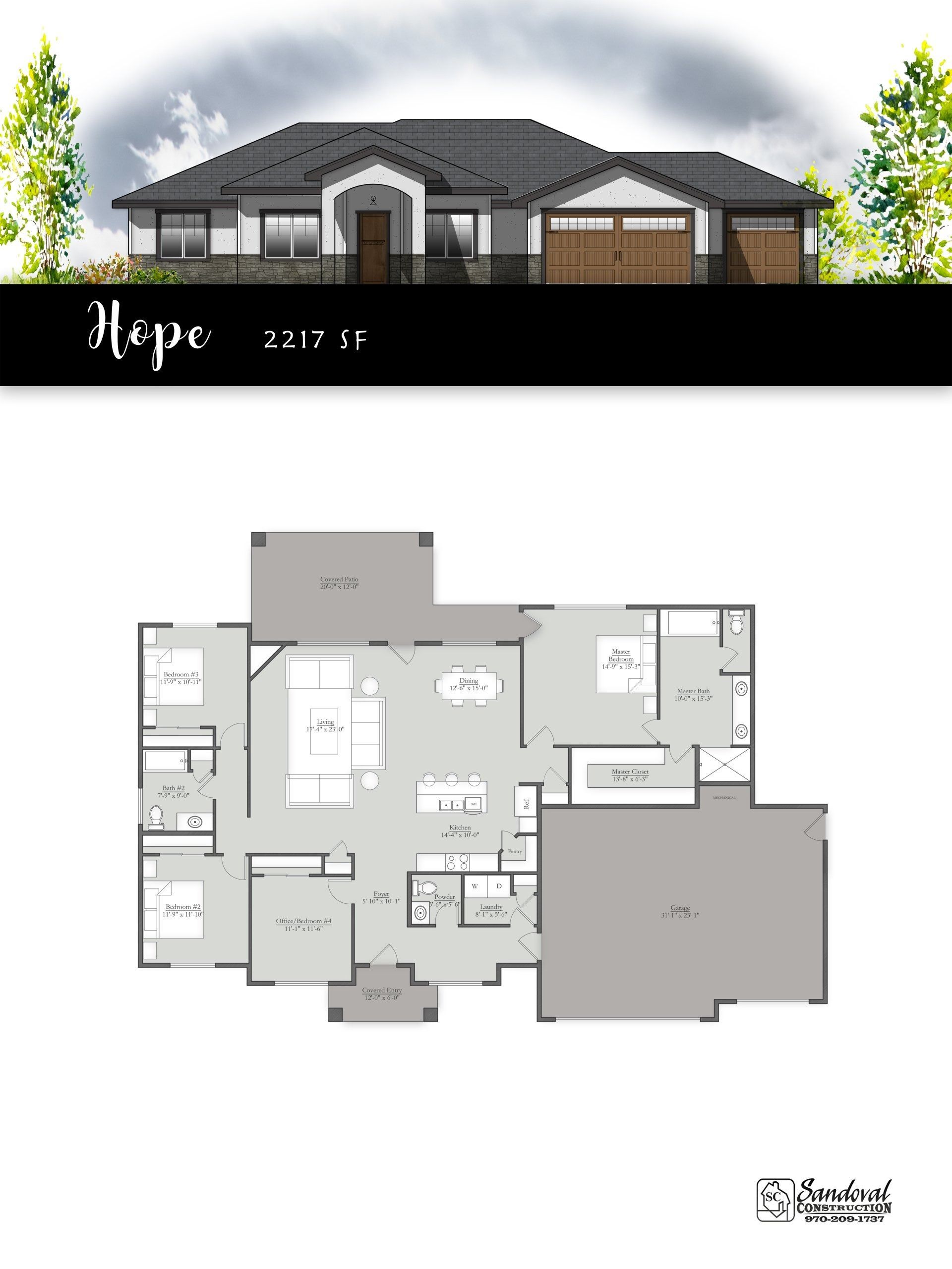 Architectural rendering of a single-story house with a garage and a detailed floor plan layout below it.