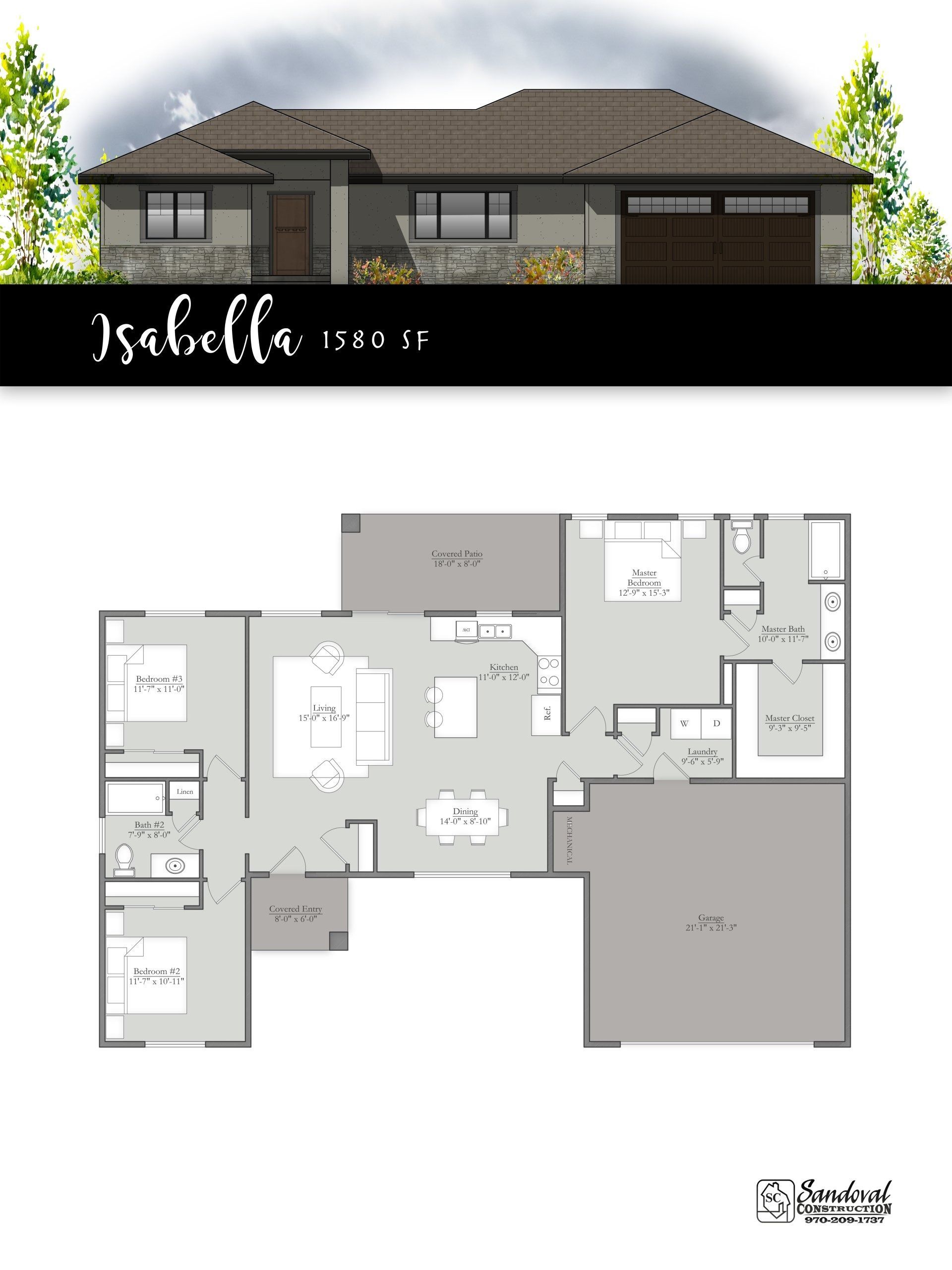 Architectural floor plan and exterior elevation for a single-story Isabella house model with a two-car garage.