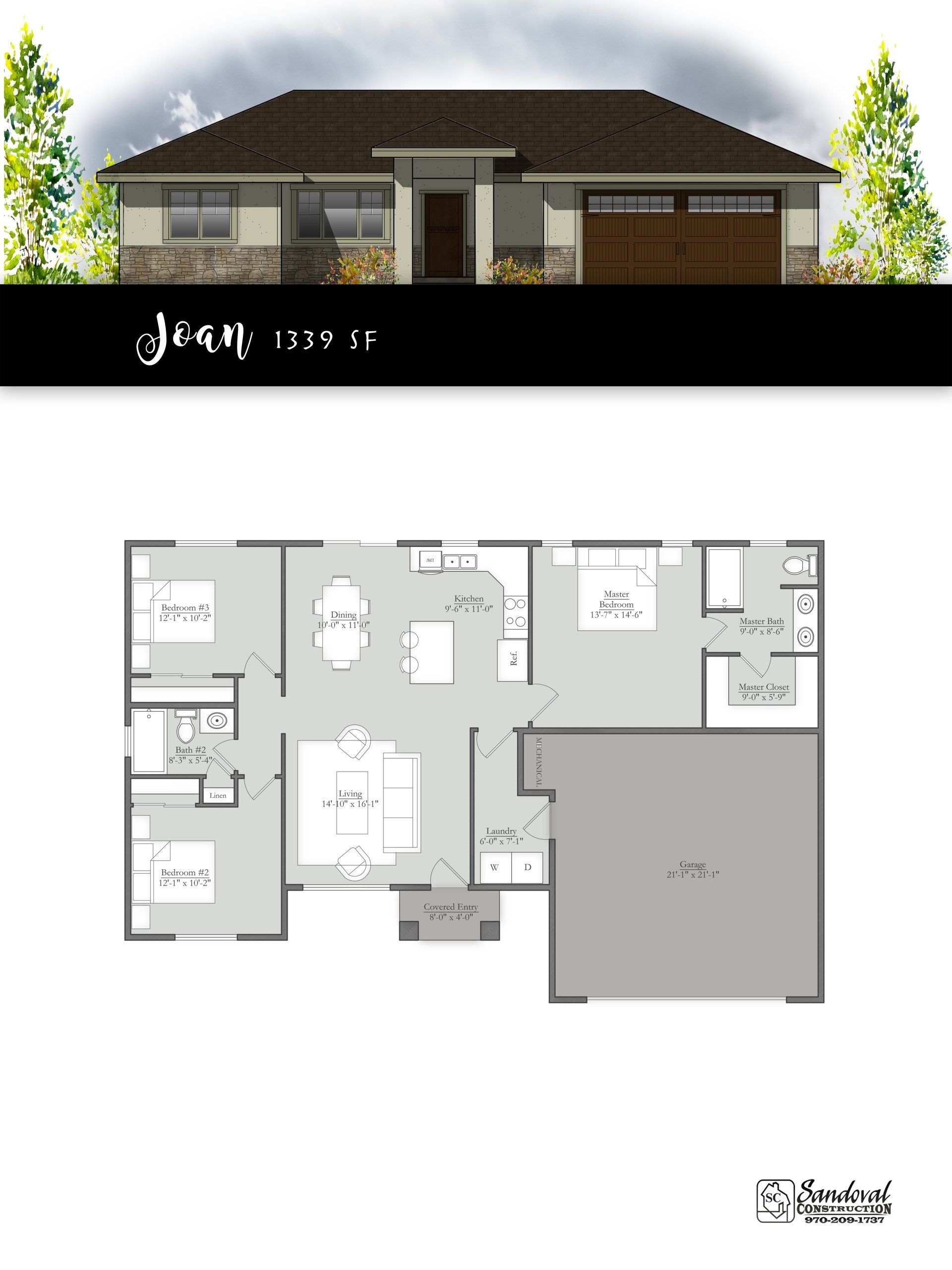 An architectural rendering and floor plan for a 1,600-square-foot residential home with an attached garage.