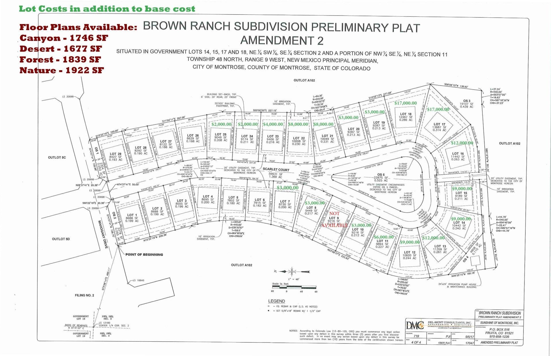 A Brown Ranch subdivision preliminary plat map showing various numbered building lots and available floor plans.