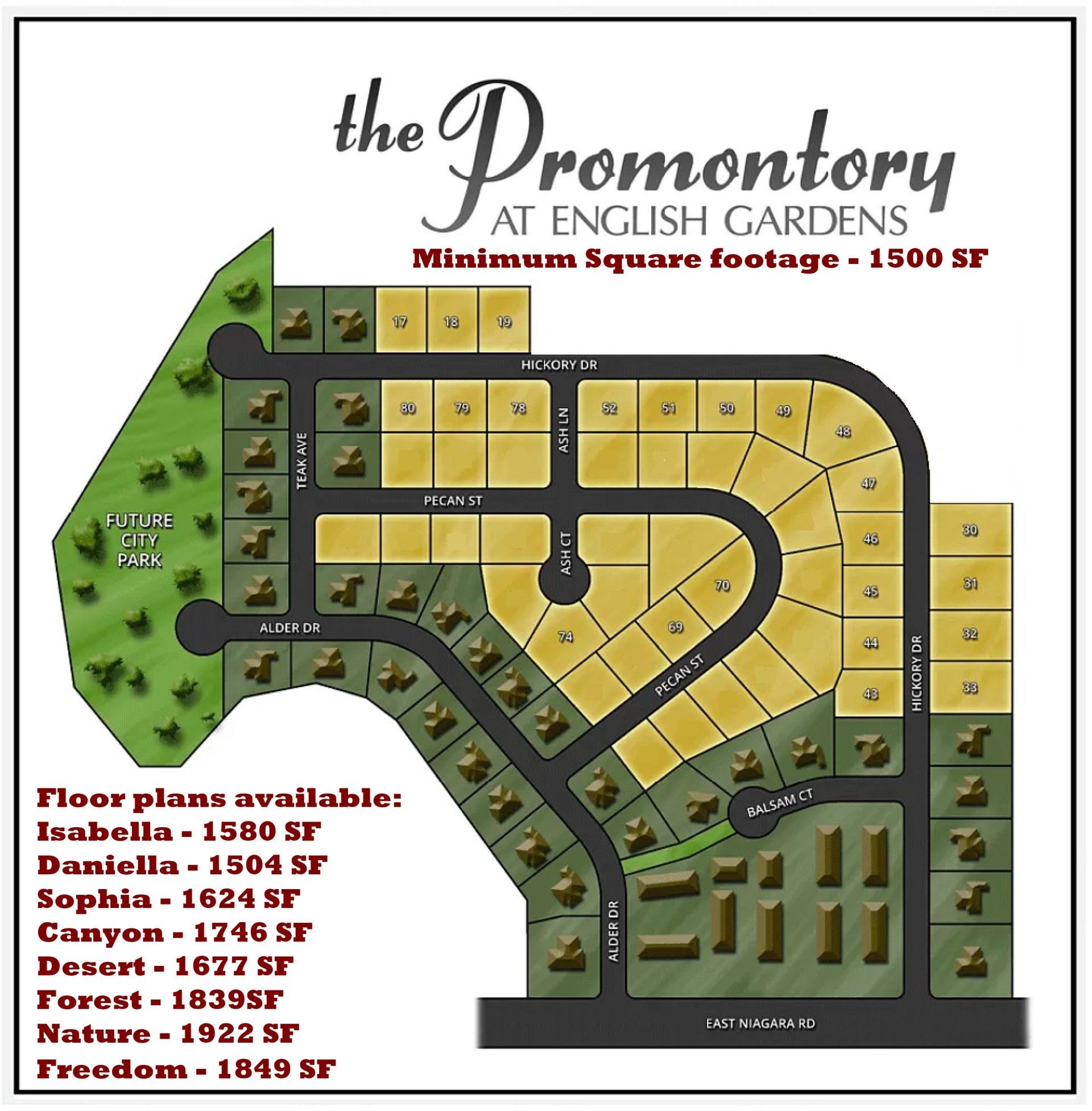 A site plan for The Promontory at English Gardens showing lot layouts, green space, and a list of available floor plans.