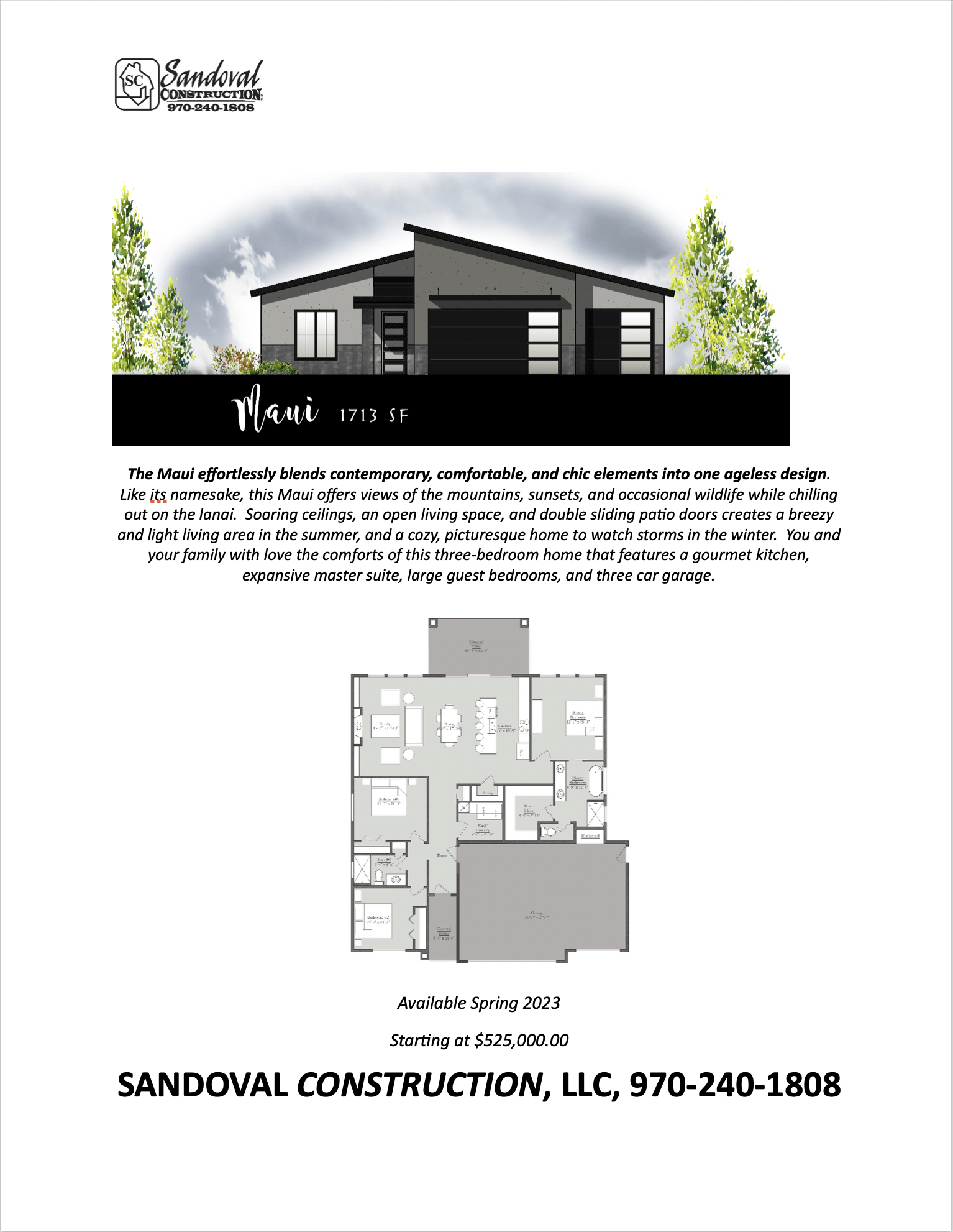 Promotional flyer for Sandoval Construction's Maui home model, featuring a house rendering, floor plan, and contact info.