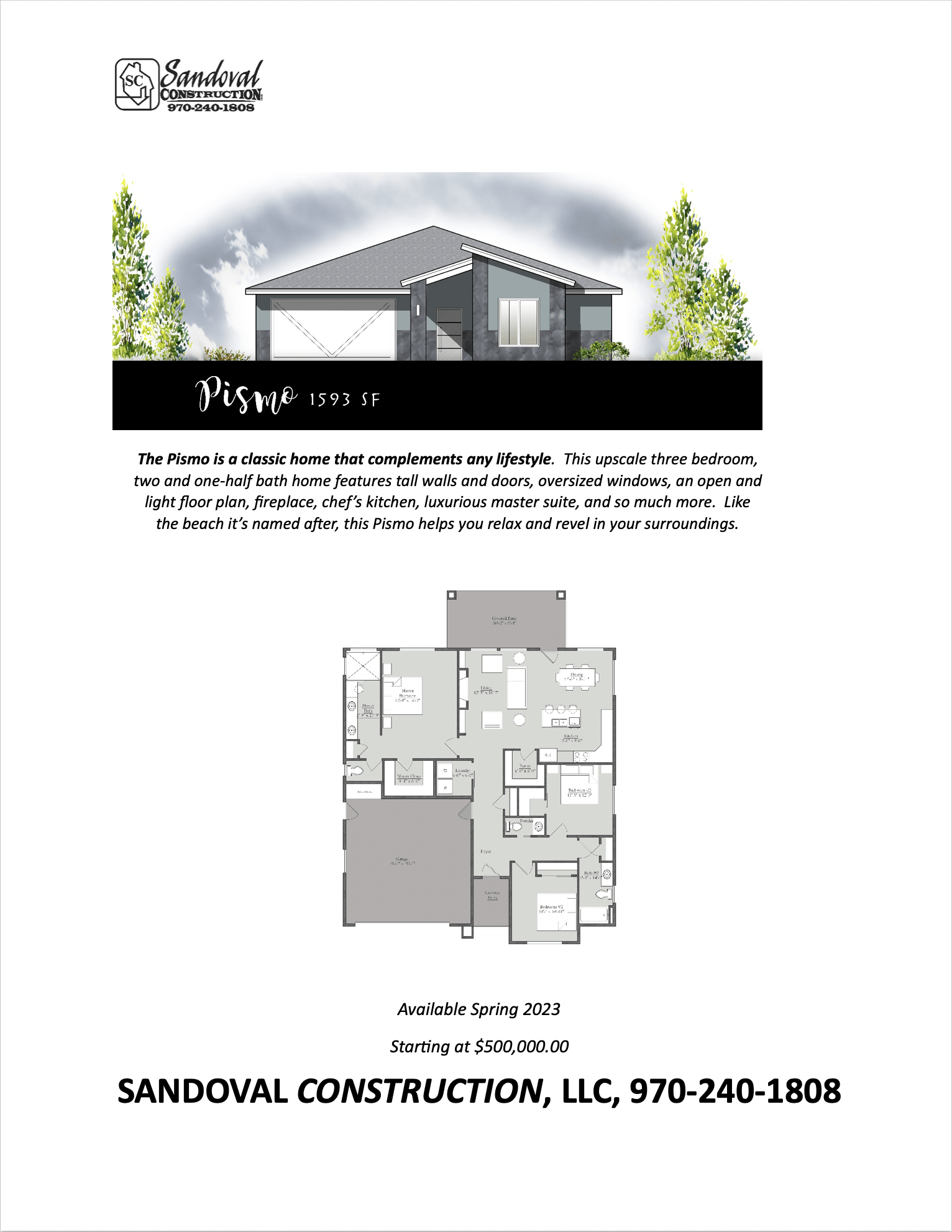Flyer for the Pismo floor plan by Sandoval Construction, showing a home exterior, floor layout, and contact information.