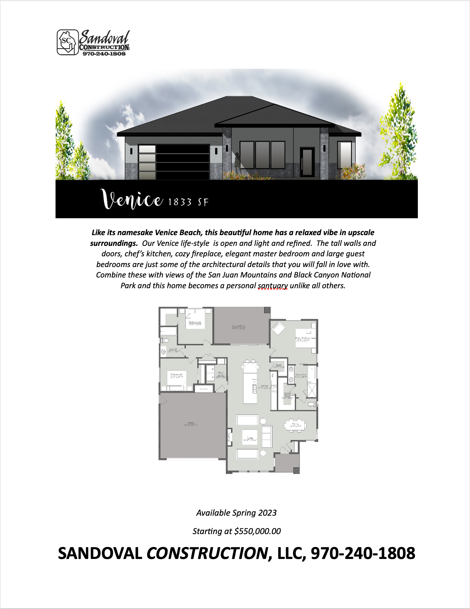 Real estate flyer for a Sandoval Construction home model called 