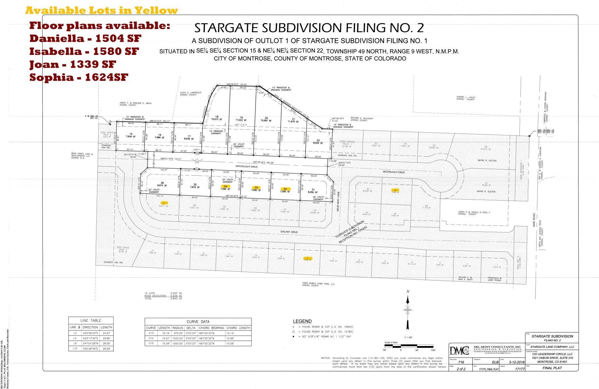 A map of Stargate Subdivision Filing No. 2 with specific lots highlighted in yellow and a list of available floor plans.