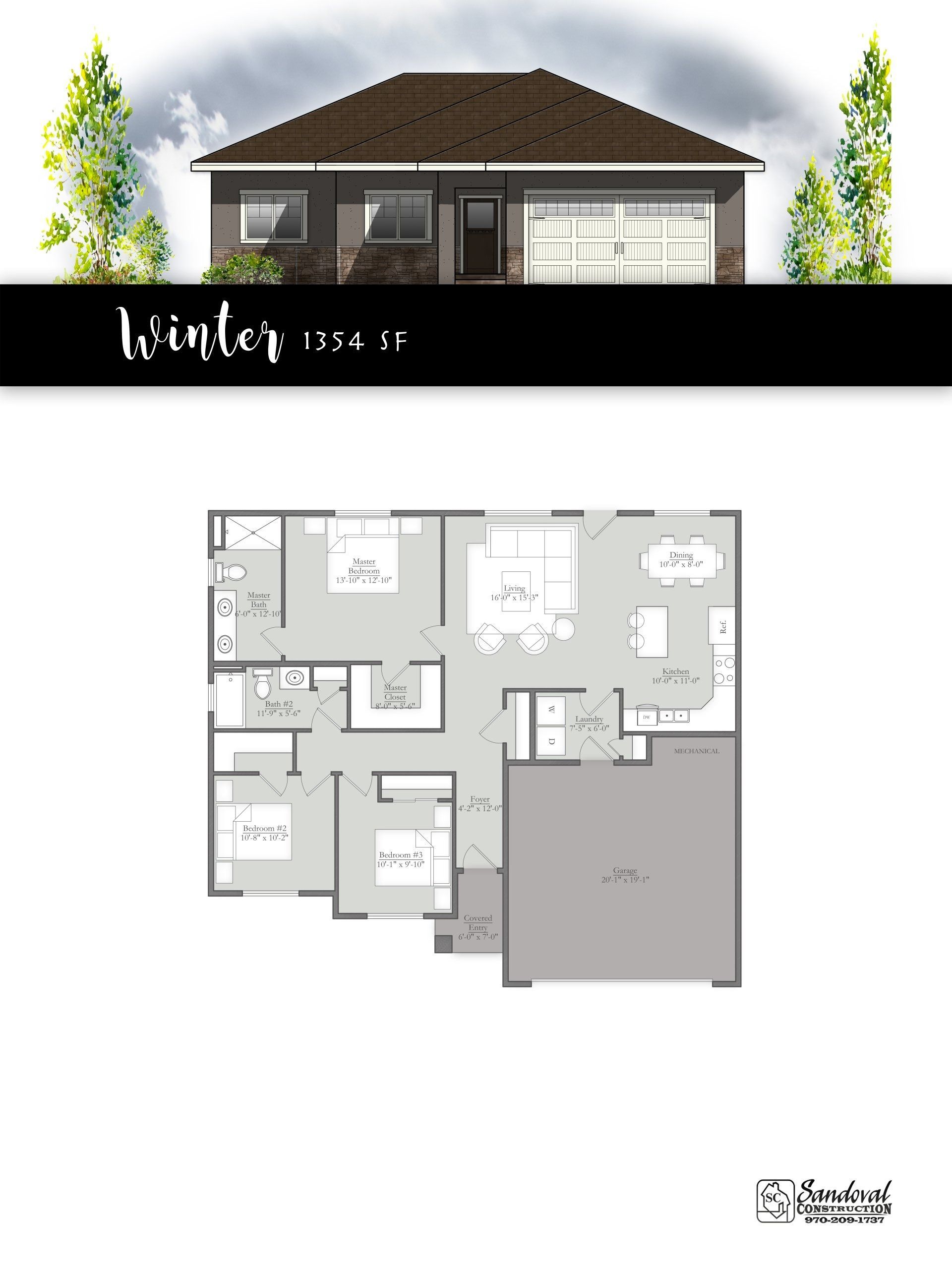 Architectural rendering and floor plan for the Winter home design, featuring a one-story layout with an attached garage.