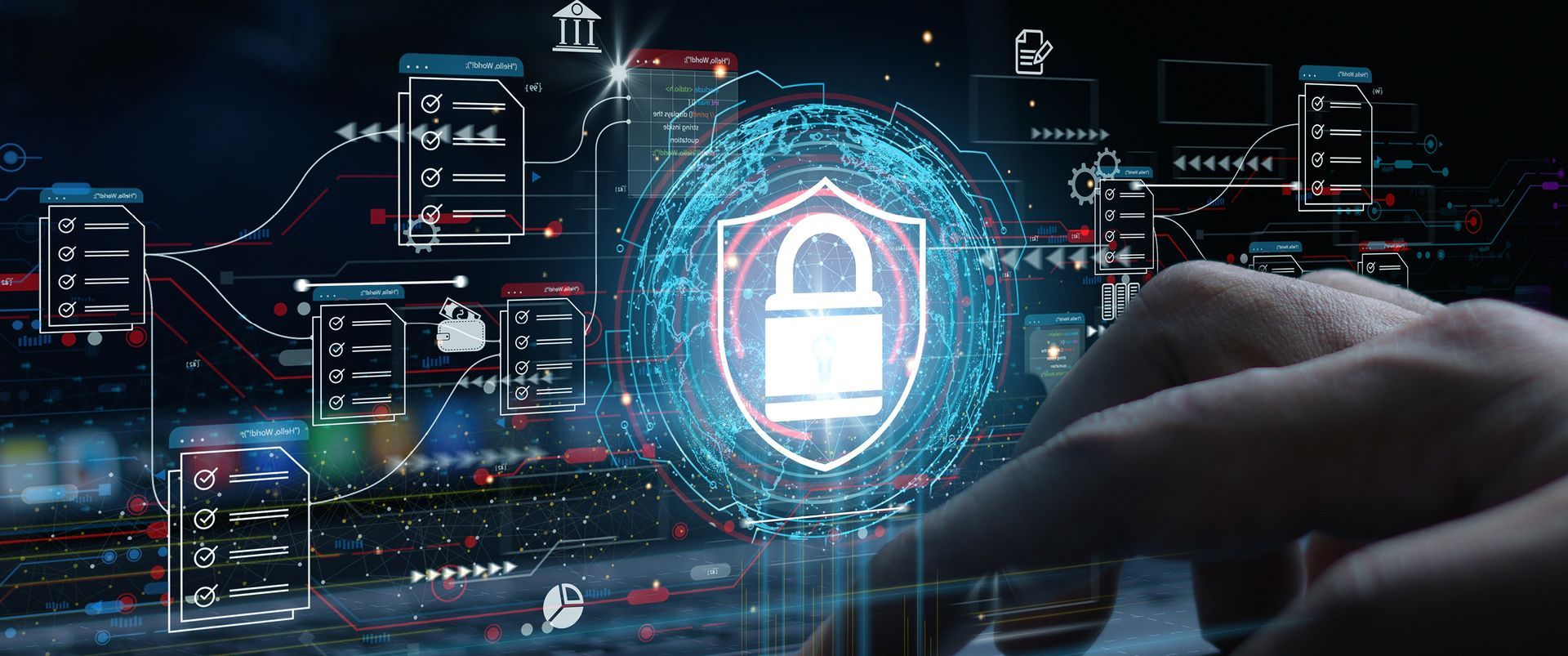 Hand touching a glowing digital shield icon over cybersecurity interface graphics