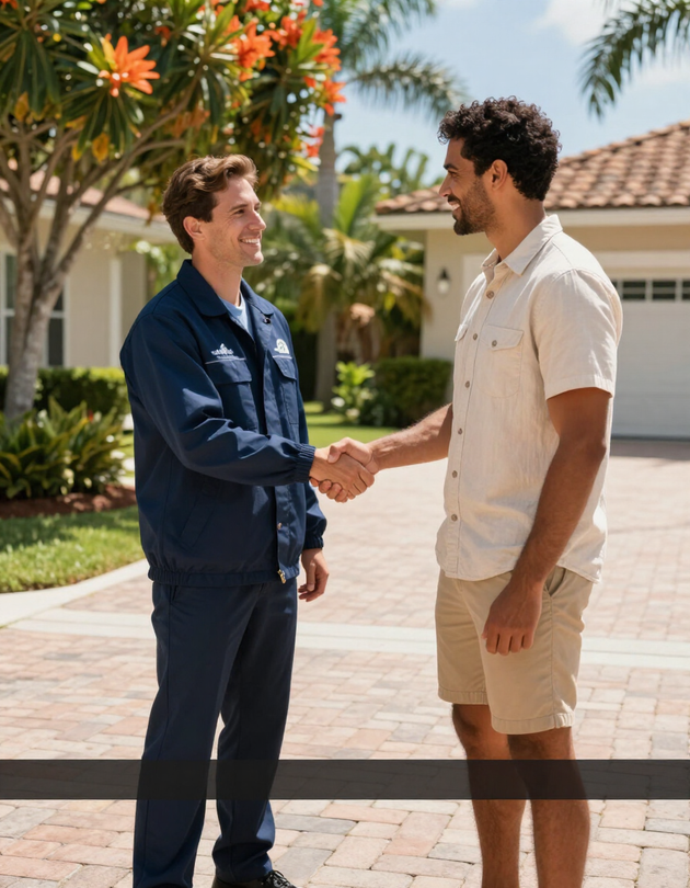 Professional team member shaking hands with a homeowner on a residential driveway