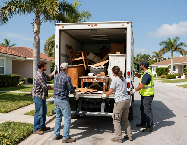 Junk removal workers loading debris into truck