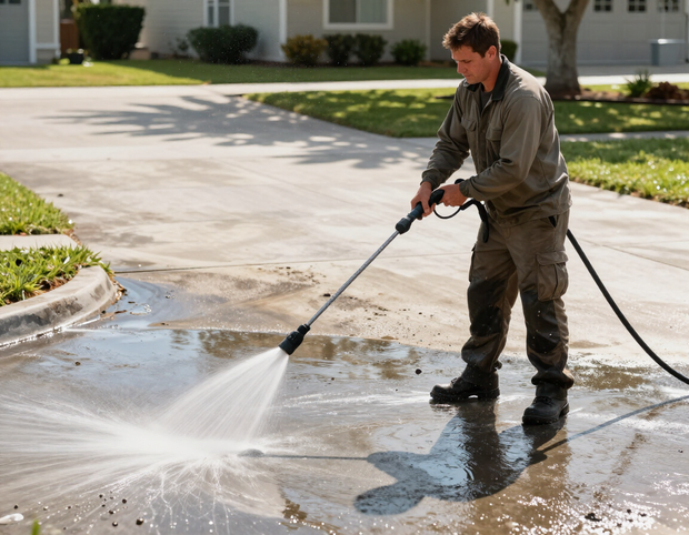 Worker using pressure washer on driveway