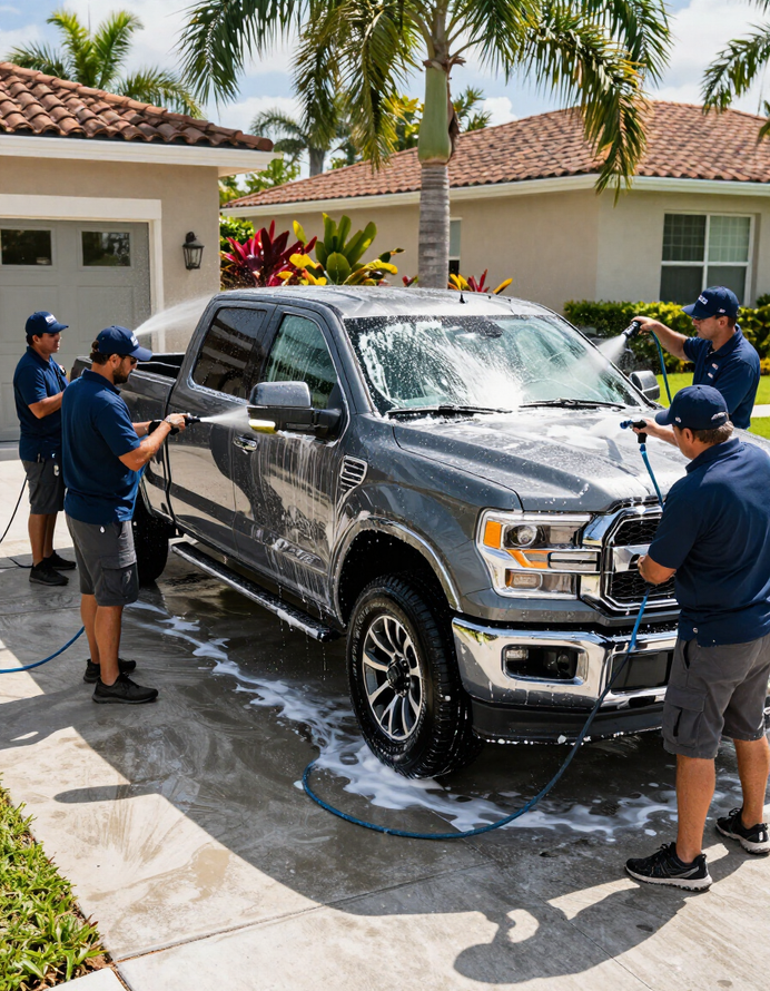 Mobile detailing team washing pickup truck in driveway