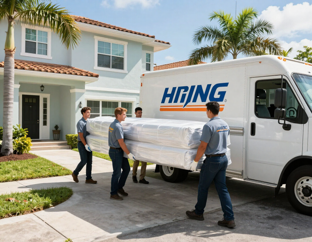Professional moving crew loading furniture into moving truck