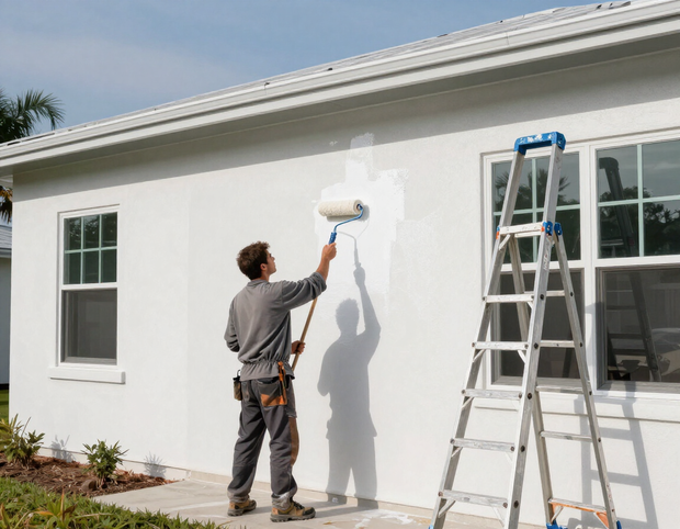 Professional painter applying exterior paint to Florida home