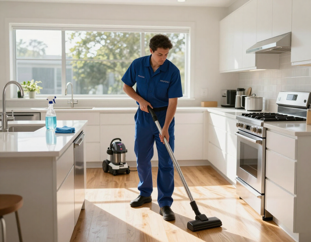 Professional cleaner deep-cleaning modern kitchen