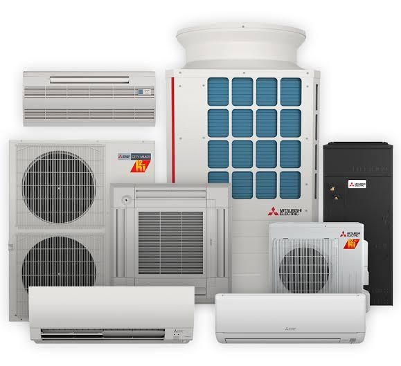 Assorted Mitsubishi electric air conditioners and HVAC units arranged on a white background