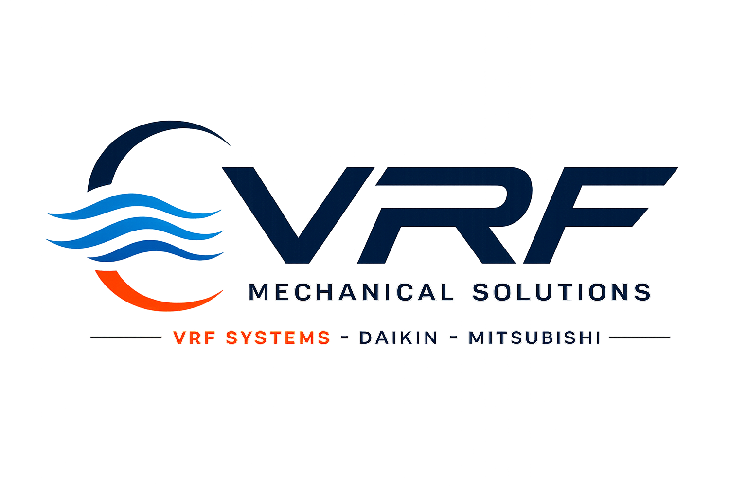 VRF Mechanical Solutions logo with blue and orange waves and text for Daikin and Mitsubishi systems