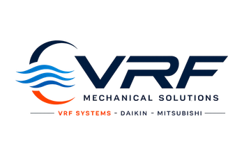 VRF Mechanical Solutions logo with blue and orange waves and text for Daikin and Mitsubishi systems