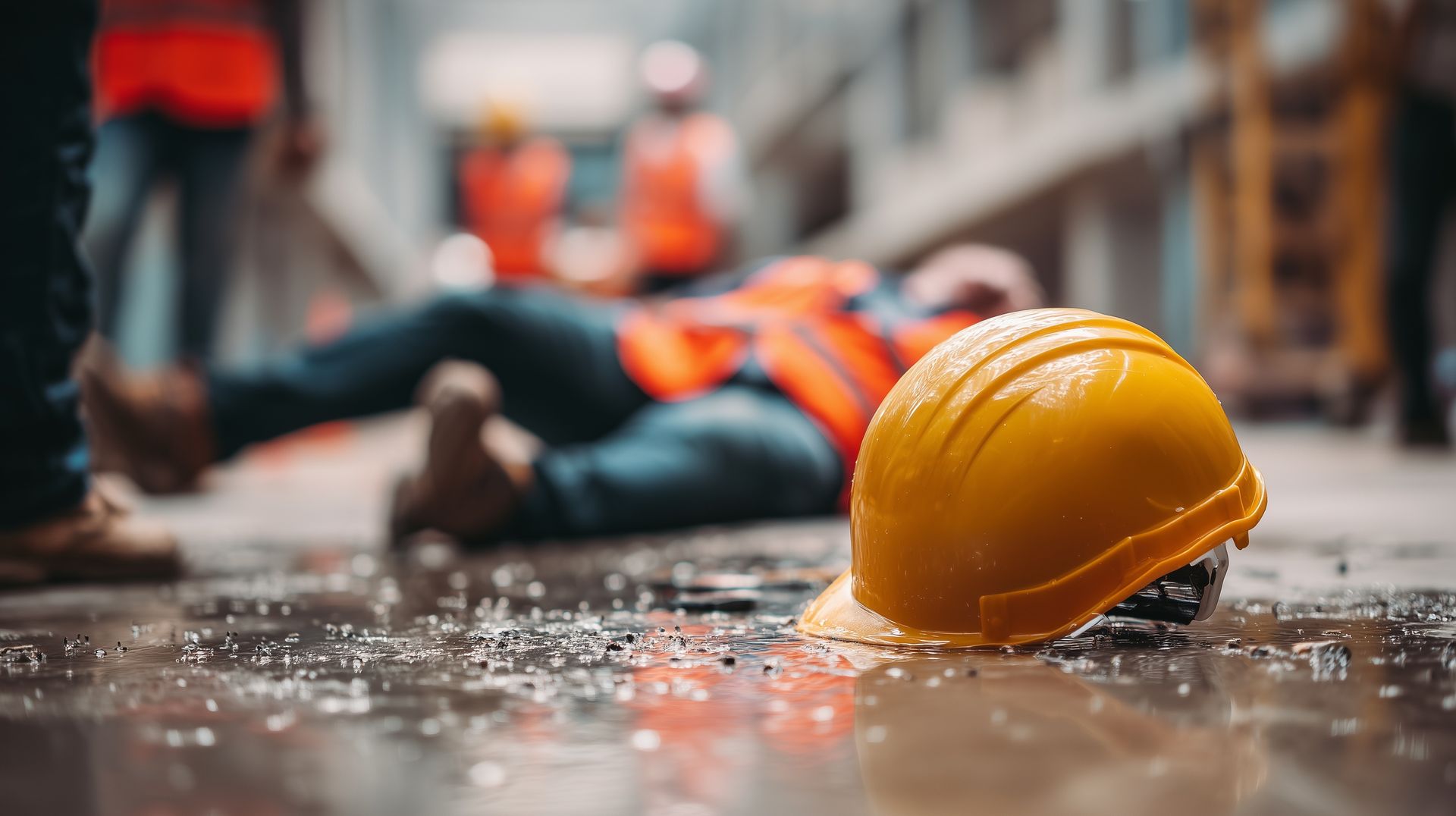 Construction hard hat in foreground with worker lying on wet worksite behind.
