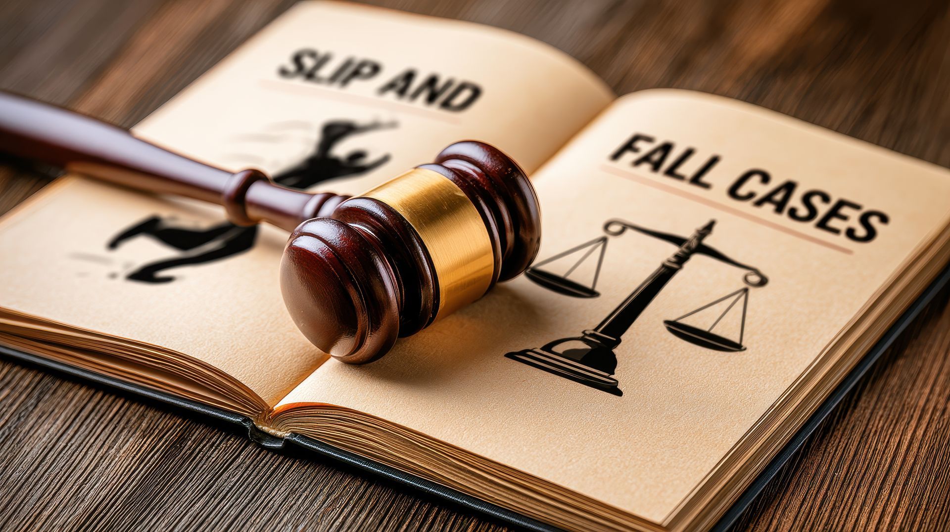 Gavel on open law book labeled “Slip and Fall Cases” with scales of justice. Gavel on open law book labeled “Slip and Fall Cases” with scales of justice.