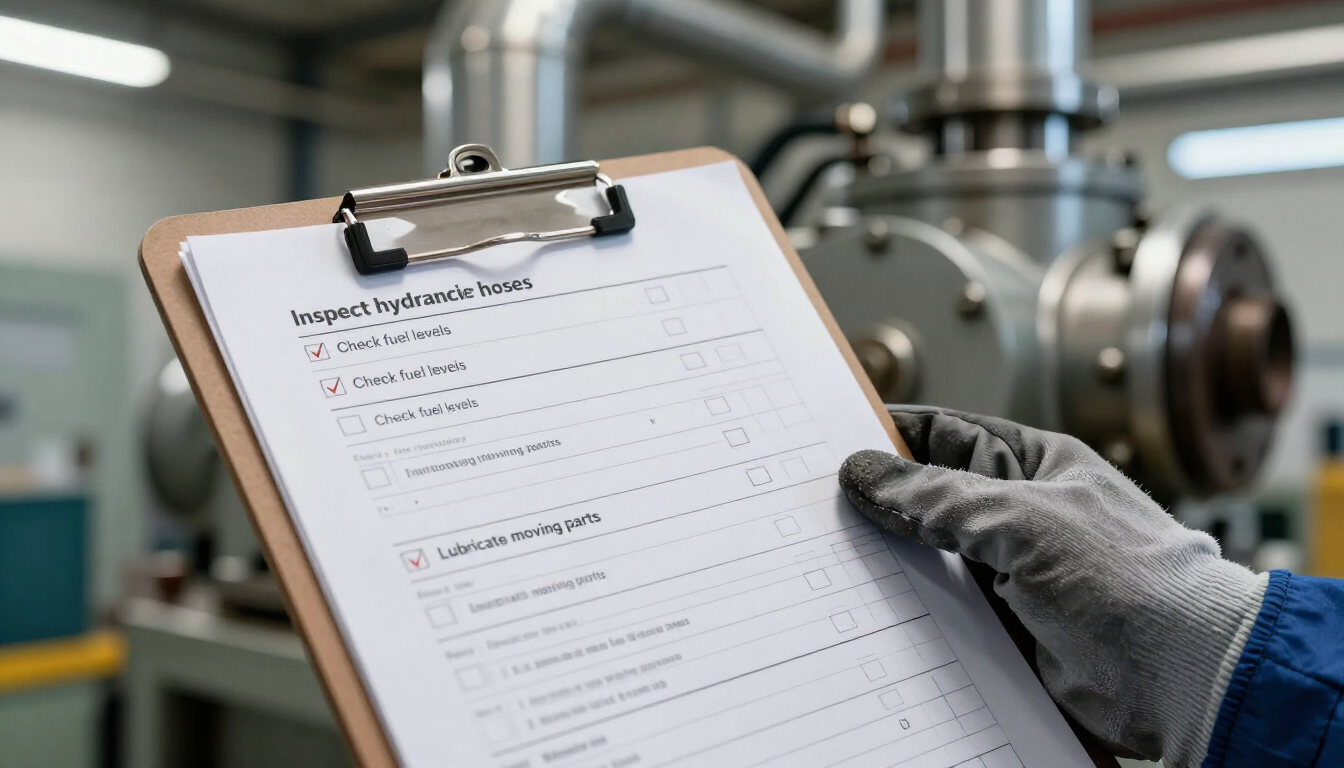 Un trabajador con guantes sostiene un portapapeles con una lista de verificación junto a maquinaria industrial en una fábrica.