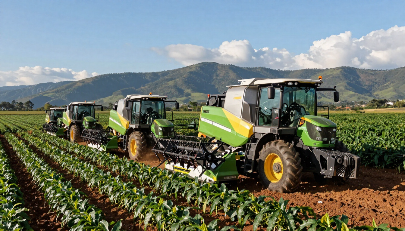 Dos tractores verdes cosechando cultivos en un campo con montañas al fondo.