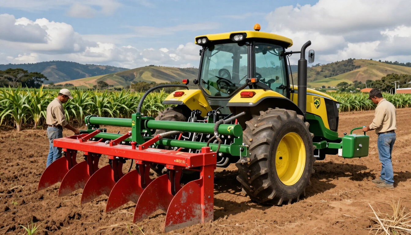 Un tractor amarillo ara un campo con aperos de labranza rojos; dos trabajadores se encuentran cerca en un paisaje rural.